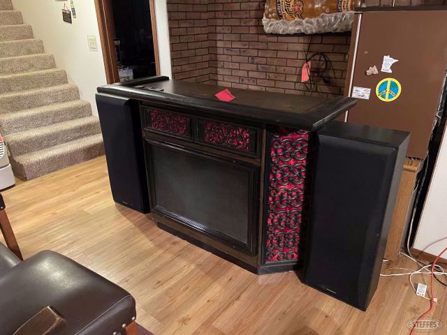 Bar w/(2) large built in speakers, 62 in. L x 44 in. H, includes mini fridge, hot dog cooker & all contents, #2999